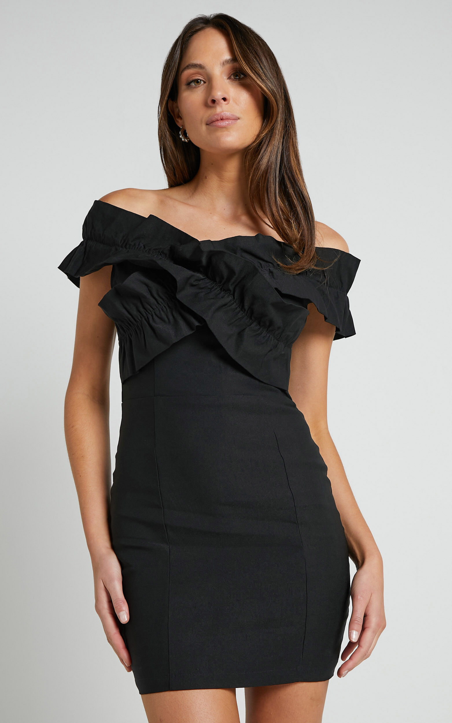 Nelly Mini Dress - Off Shoulder Ruffle Detail Dress in Black - 06, BLK1