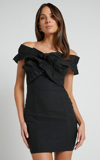 Nelly Mini Dress - Off Shoulder Ruffle Detail Dress in Black