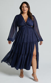 Edelyn Midi Dress - Cut Out Balloon Sleeve Tiered Dress in Navy