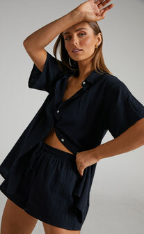Vina del Mar Button Up Shirt and Shorts Two Piece Set in Black