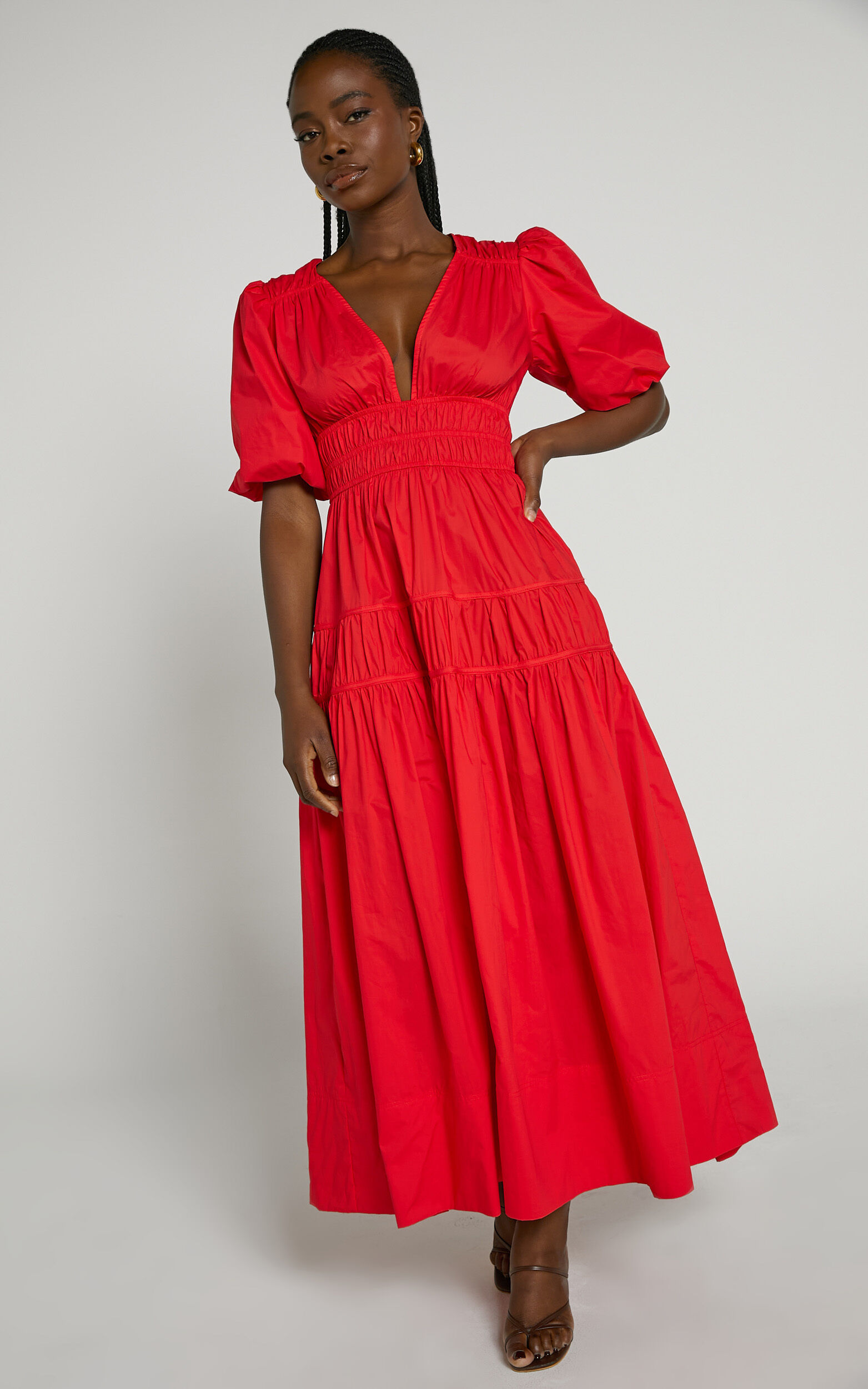 Mellie Midaxi Dress - Puff Sleeve Plunge Tiered Dress in Cherry Tomato - 04, RED1