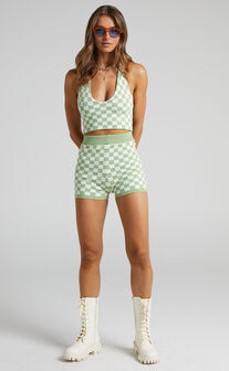 Patience Knit Checkered Mini Shorts in Green