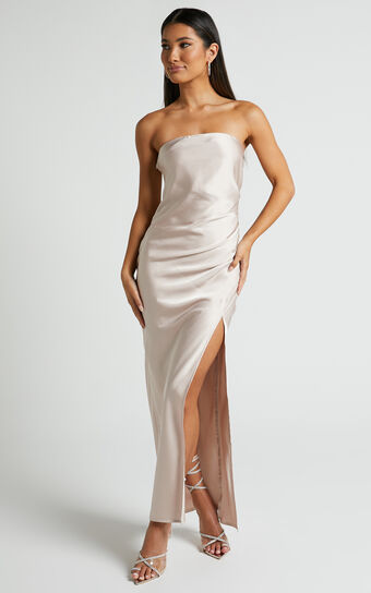 Olivia Midaxi Dress - Strapless Gathered Side Split Satin Dress in Champagne