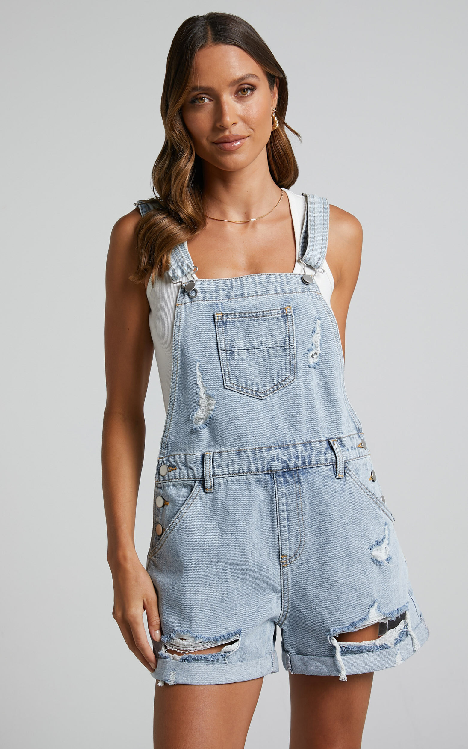 Rheana Overalls - Recycled Cotton Denim Short Overalls in Mid Blue Wash - 06, BLU1