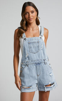 Rheana Overalls - Recycled Cotton Denim Short Overalls in Mid Blue Wash
