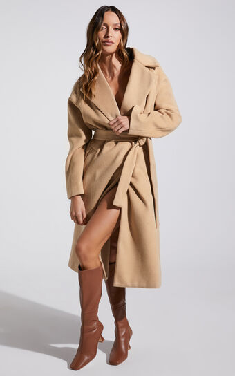 Mariles Belted Wrap Coat in Camel