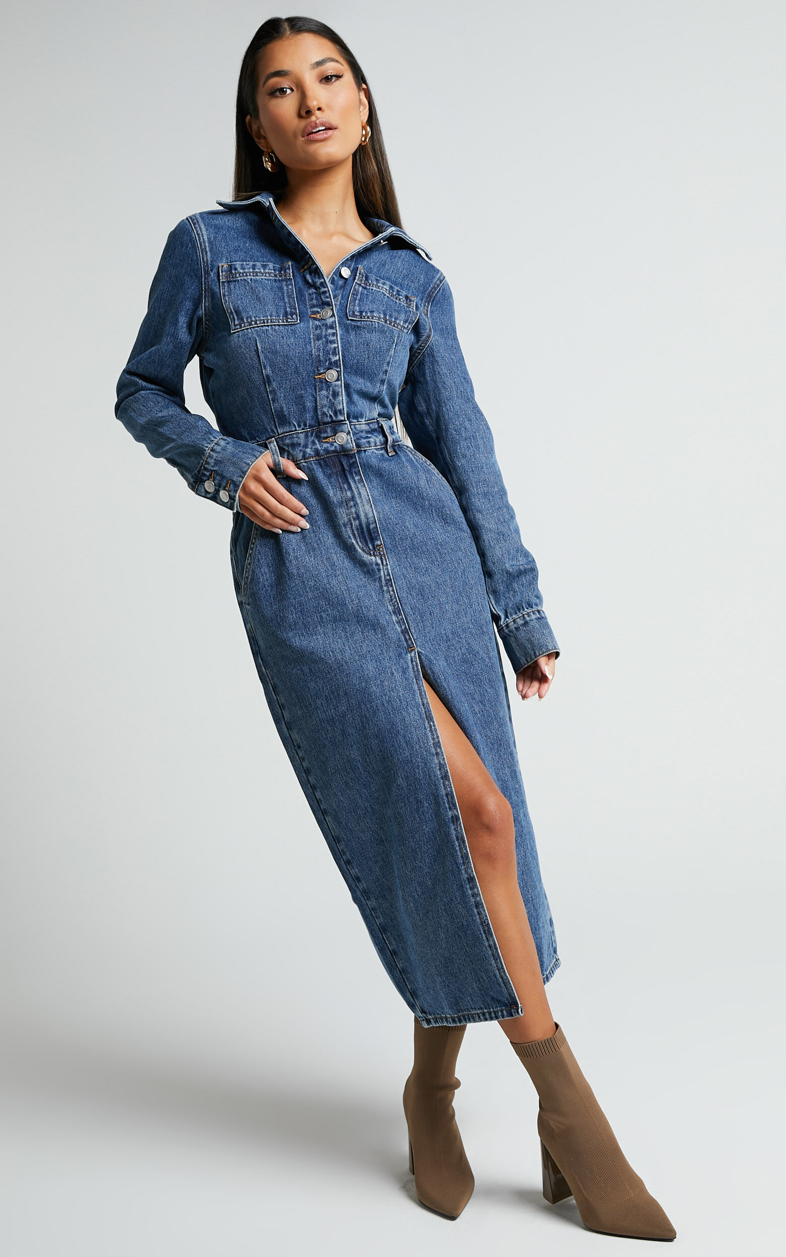 Alison Dress - Long Sleeve Denim Midi Dress in Mid Blue Wash | Showpo USA