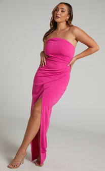 Jayra Strapless Wrap Front Maxi Dress in Hot Pink