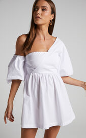 Sula Mini Dress - Asymmetric Off One Shoulder Puff Sleeve Dress in ...