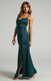 A Final Toast Midi Dress - Cowl Neck Thigh Split Dress in Emerald Satin ...