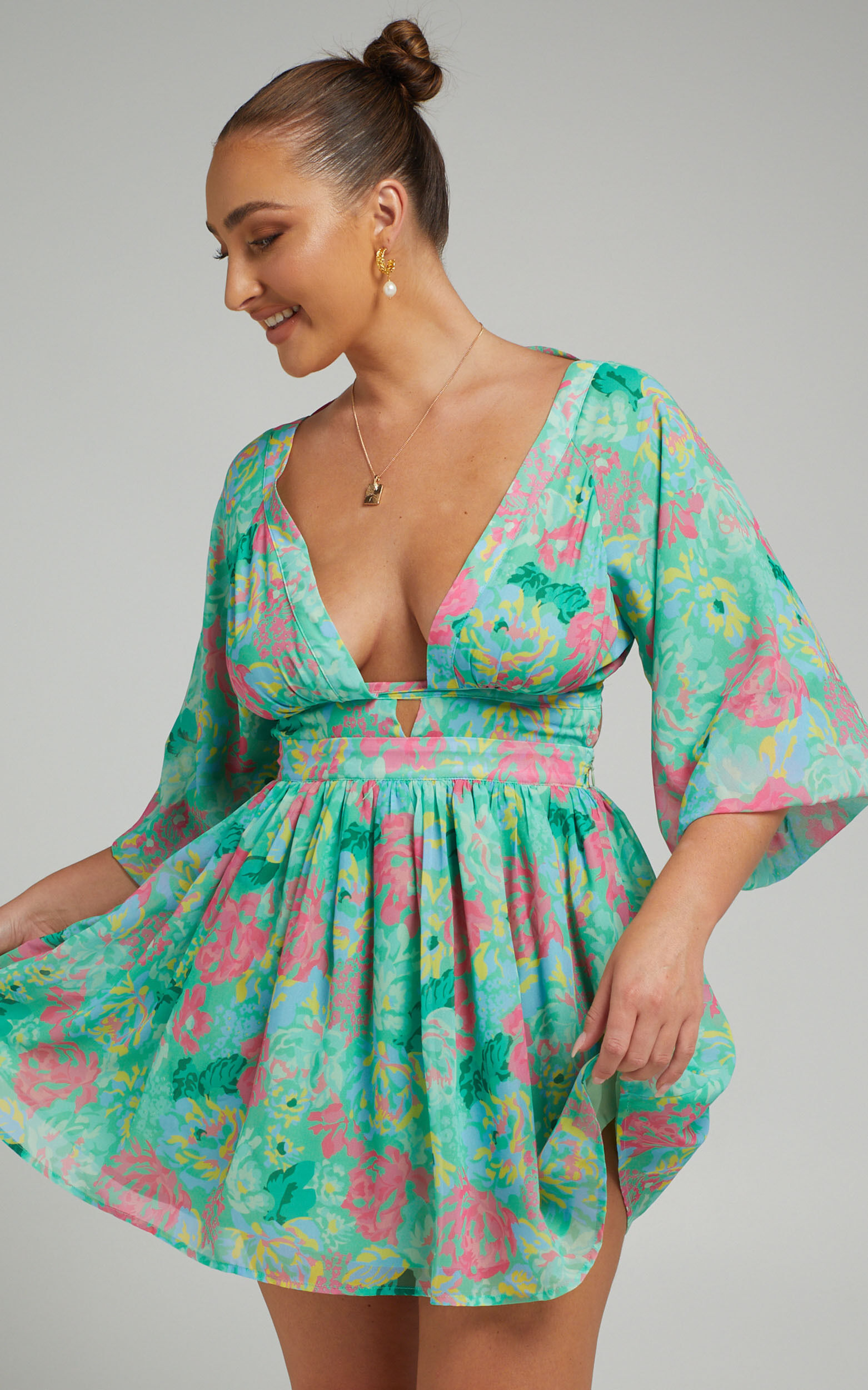 Valeraine Balloon Sleeve Open Back Mini Dress in Neon Floral - 06, GRN1, super-hi-res image number null