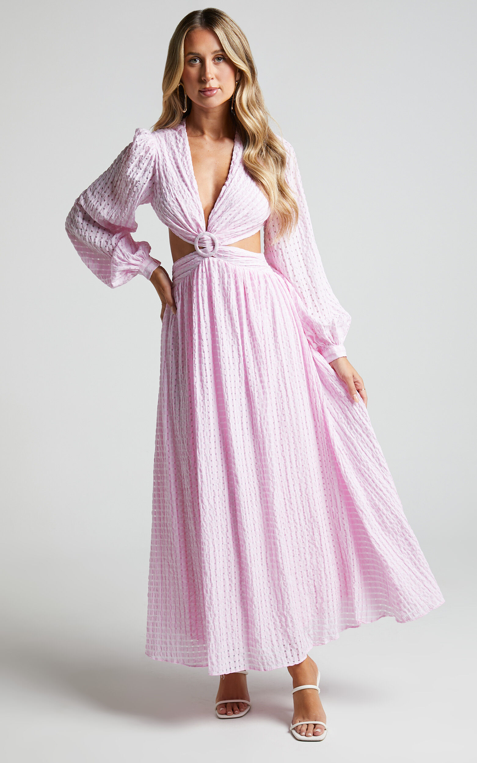 Chareese Long Sleeve Side Cut Out Plunging Neckline Textured Midi Dress in Pink - 06, PNK1, super-hi-res image number null