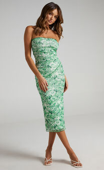 Brunetta Midi Dress - Strapless Mesh Dress in Green Furnishing Florals