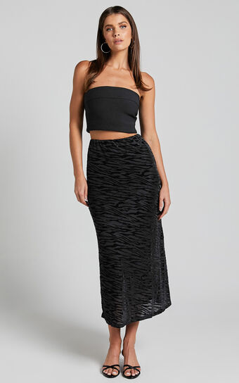 Frankie Midi Skirt - Burn Out Velvet High Waisted Slip Skirt in Black