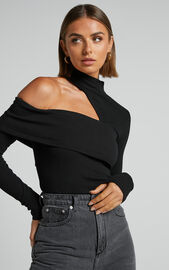 Kiefer Asymmetric Long Sleeve Cutout Top in Black | Showpo USA
