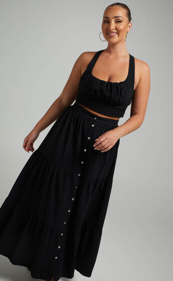 Arabella Tiered Button Front Maxi Skirt in Black