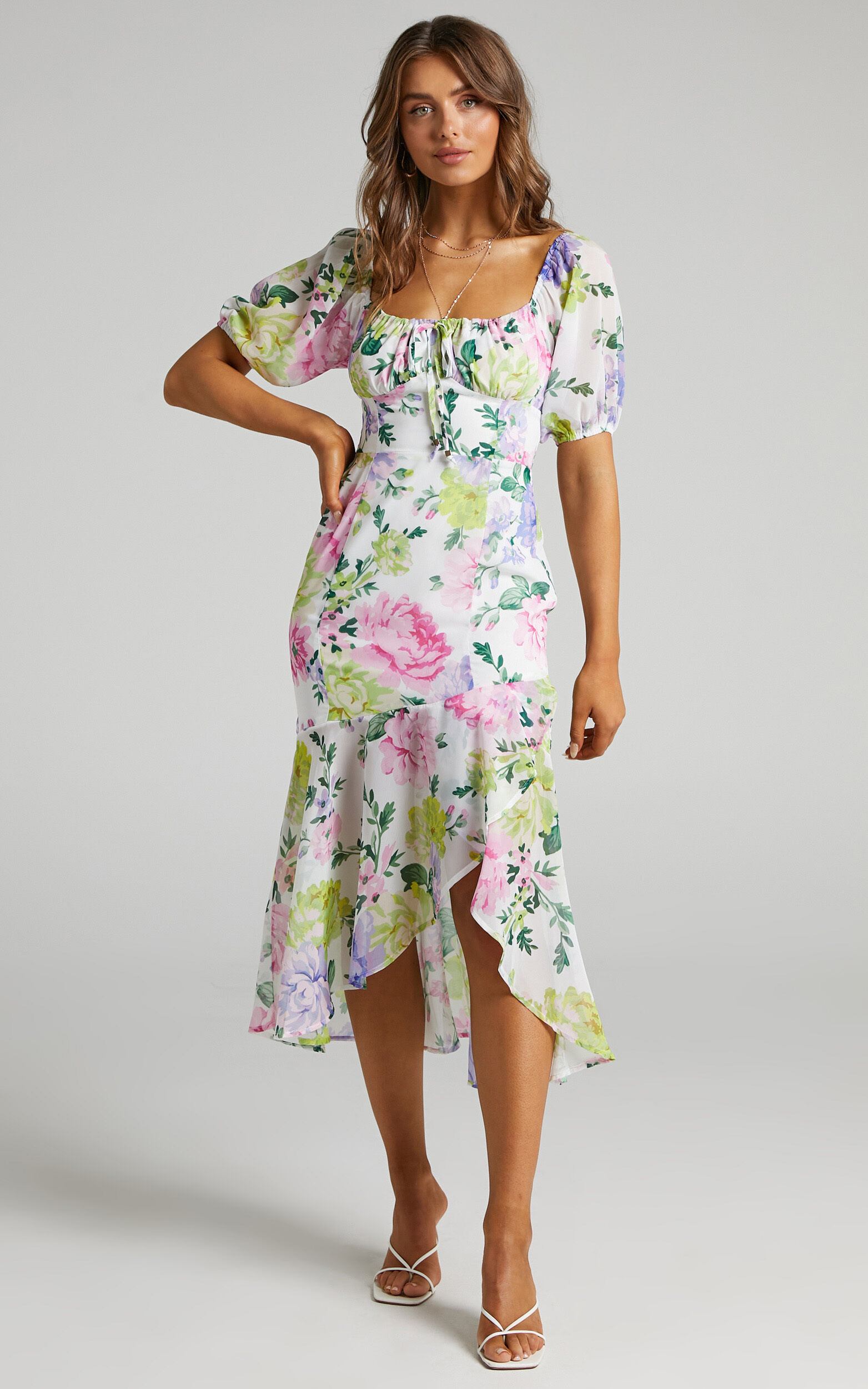 Jasalina Puff Sleeve Midi Dress in Neon Floral - 04, WHT4, super-hi-res image number null