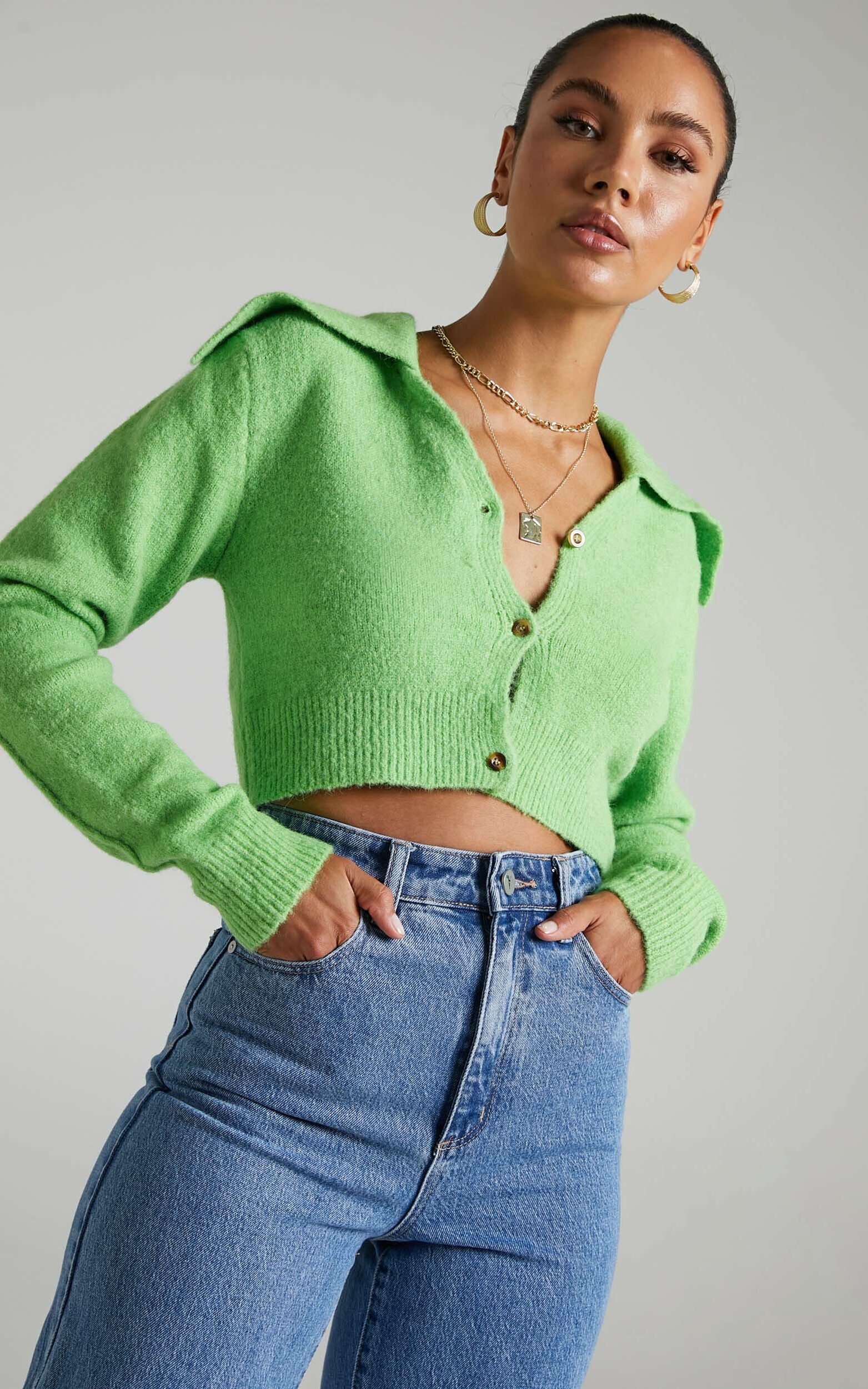 Colee Collared Cropped Cardigan in Lime | Showpo USA