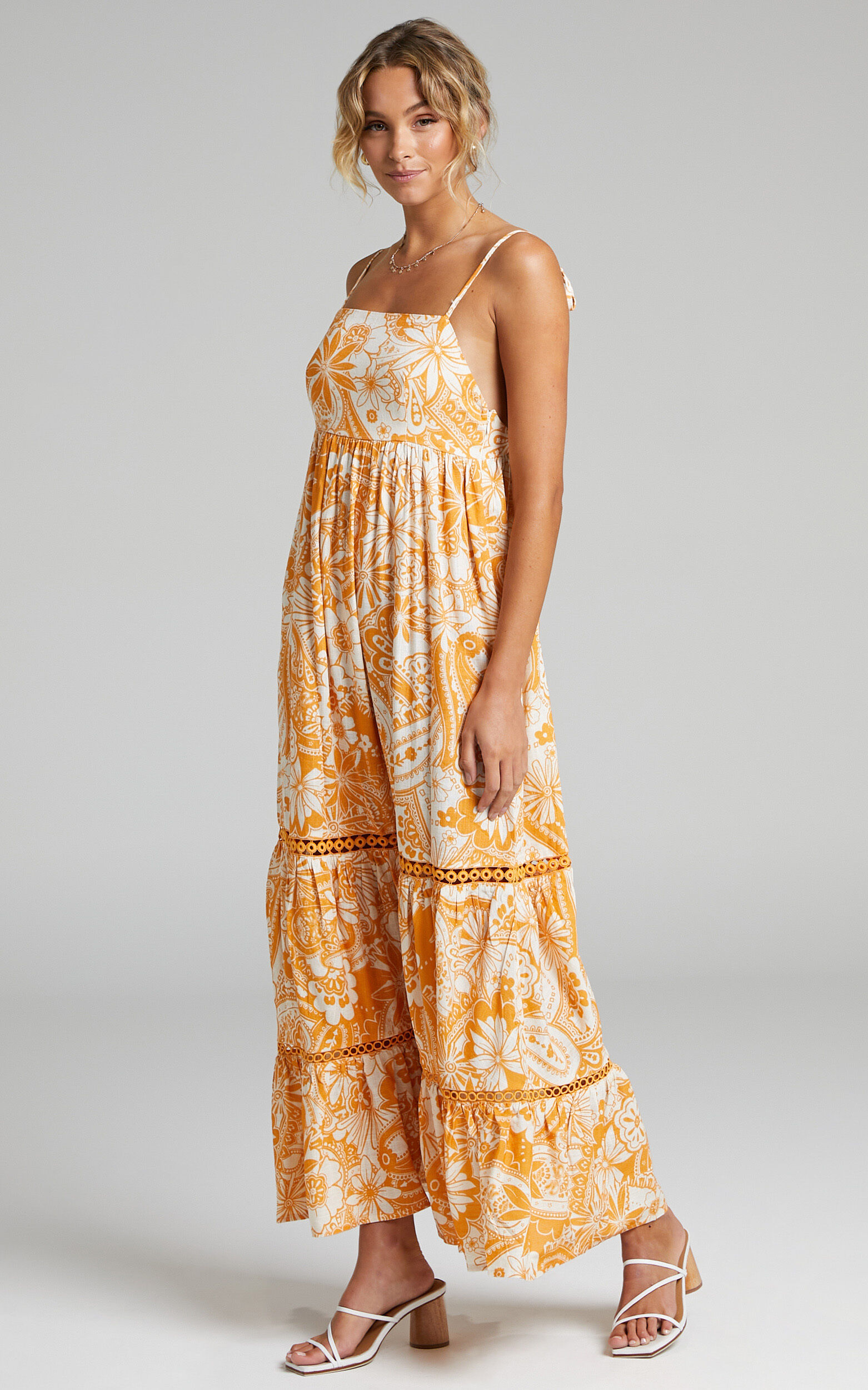 Gyah Square Neck Low Back Tiered Maxi Dress in Rust Paisley - 06, ORG1, super-hi-res image number null