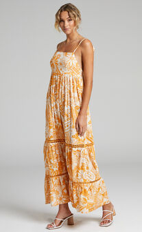 Gyah Square Neck Low Back Tiered Maxi Dress in Rust Paisley