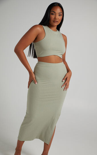 Dayla Ribbed Crop Top and Side Split Midi Skirt Two Piece Set in Sage