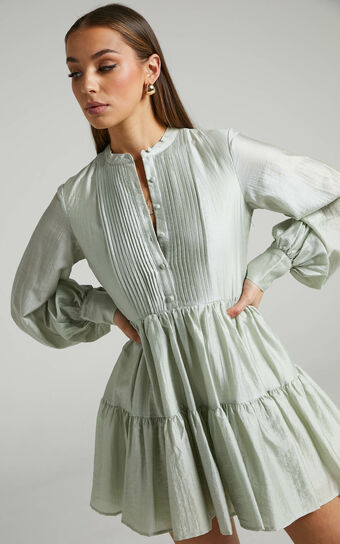 Kyra Mini Dress - Pin Tuck Detail Tiered Shirt Dress in Sage