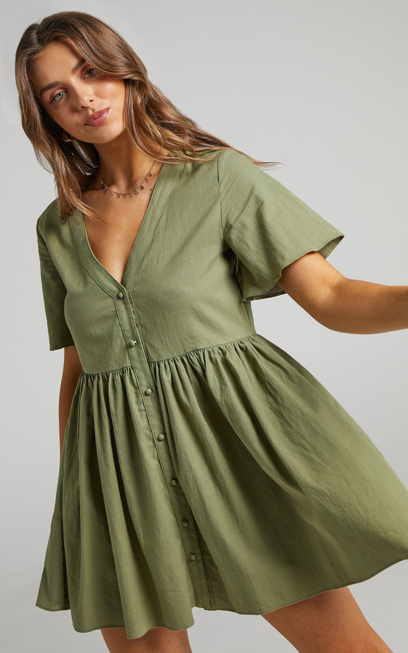 Staycation Smock Button Up Mini Dress in Khaki - 04, GRN2, super-hi-res image number null