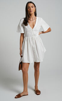 Staycation Mini Dress - Smock Button Up Dress in White