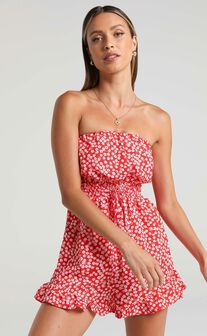 Pretty Little Lies Strapless Playsuit in Red Print