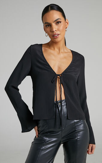 Perly Crinkle Tie Front Long Sleeve Blouse in Black
