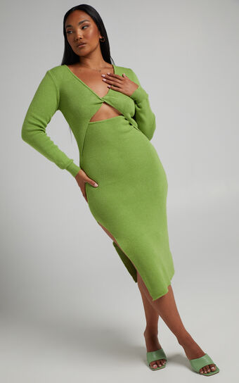 Irmia Twist Front Knit Midi Dress in Green