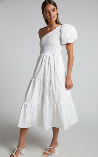 Kennedy Midi Dress - One Shoulder Puff Sleeve Shirred Dress in White