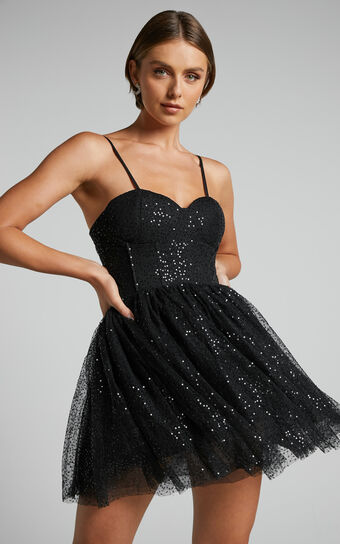 Diana Mini Dress - Sequin Tulle Sweetheart Corset Dress in Black