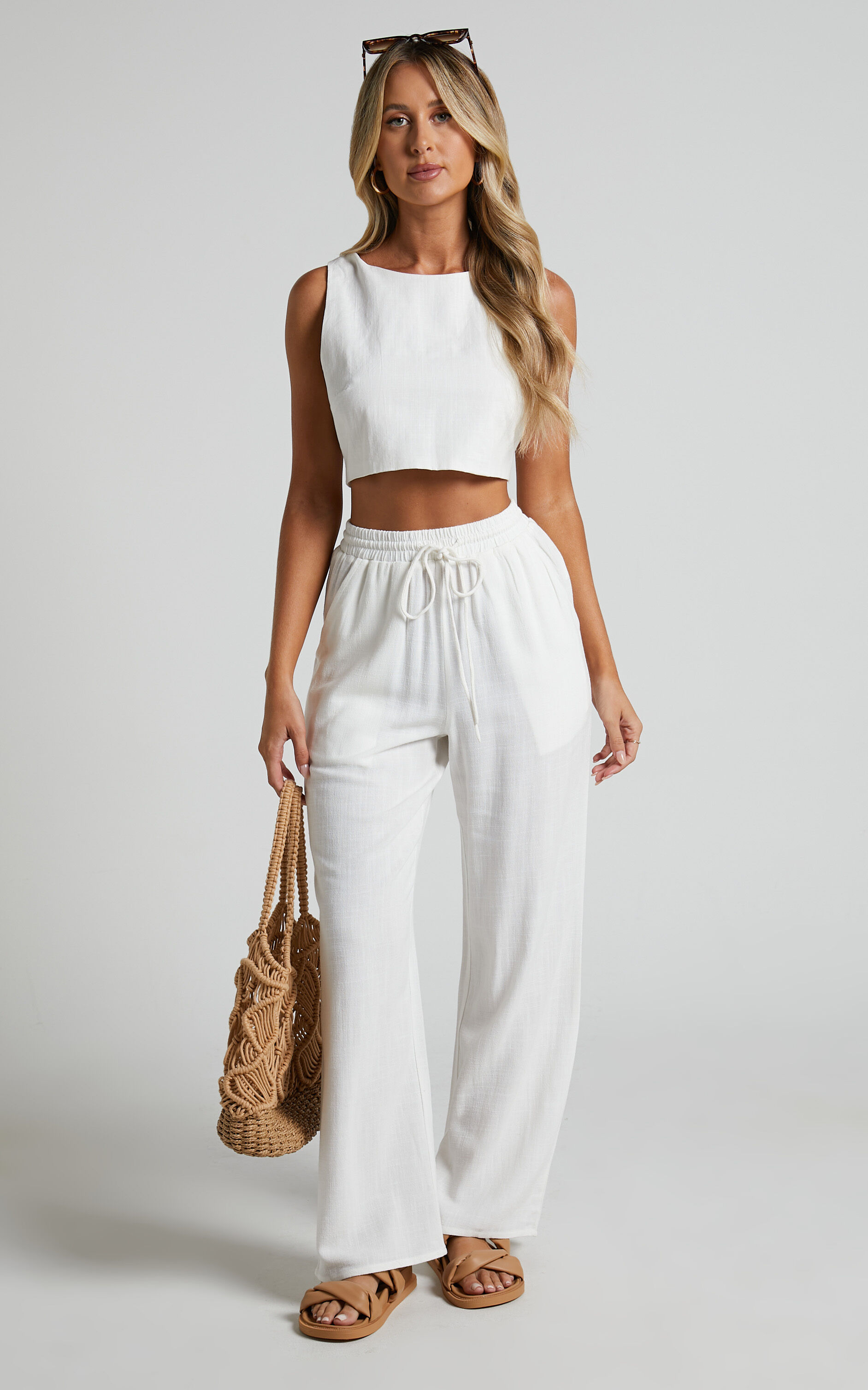 Kala Mid Waisted Relaxed Elastic Waist Pants in White - 04, WHT1, super-hi-res image number null