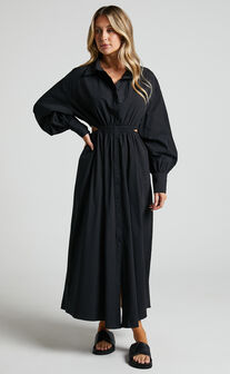 Merabelle Midi Dress - Side Cut Out Collared Long Sleeve Shirt Dress in Black