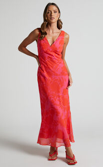 Jodie Midaxi Dress - V Neck Slip Dress in Pink Floral