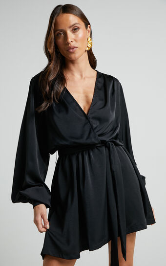 Laura Mini Dress - Long Sleeve V Neck Wrap Dress in Black