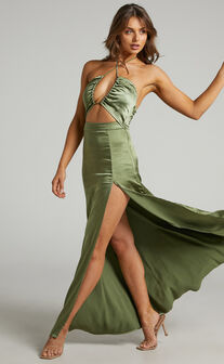 Audora Cut Out Halter Thigh Split Maxi Dress in Green Satin
