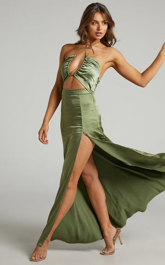 Audora Cut Out Halter Thigh Split Maxi Dress in Green Satin