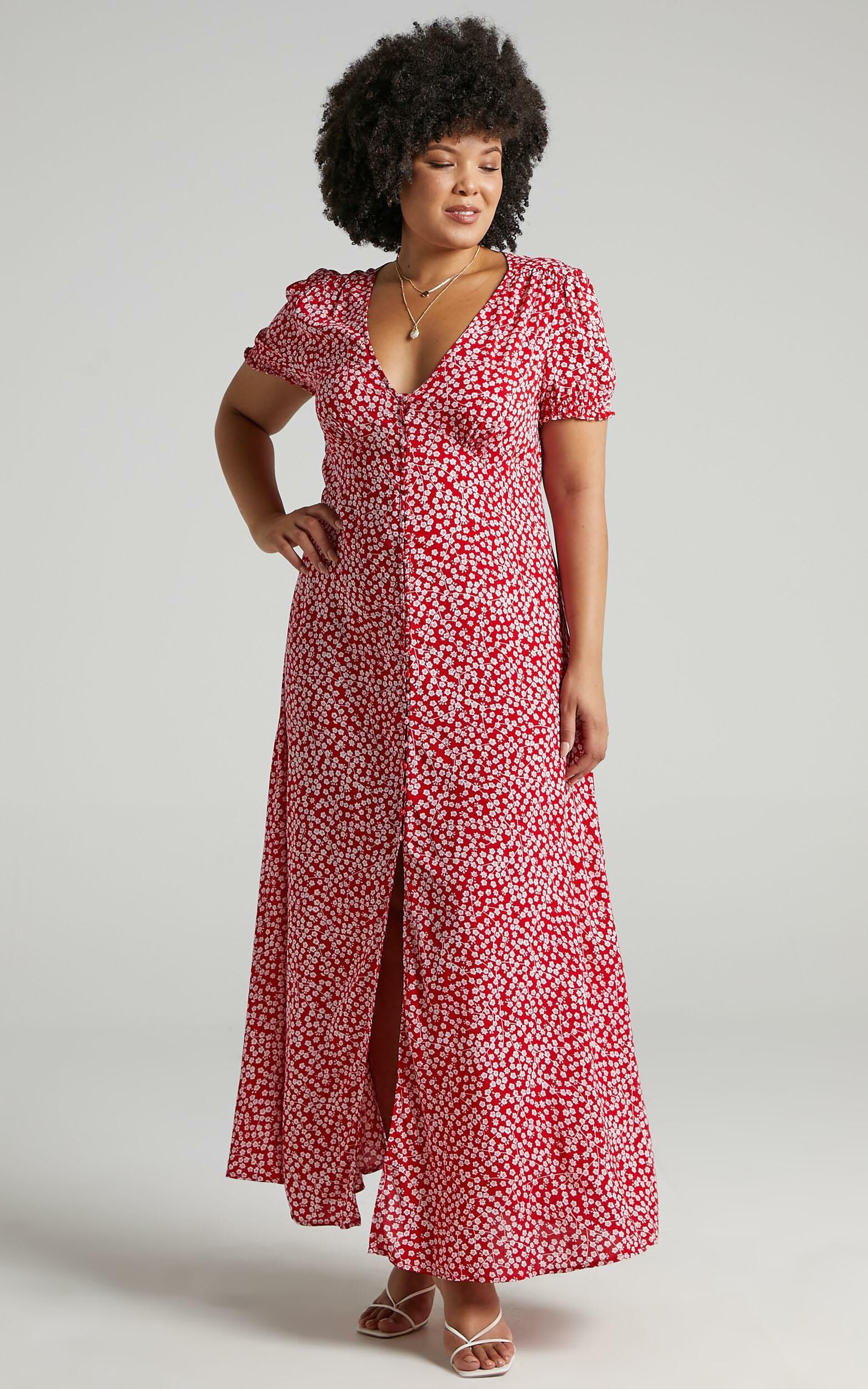 Flaming Hot Button Up V Neck Maxi Dress in Red Floral - 04, RED3, super-hi-res image number null