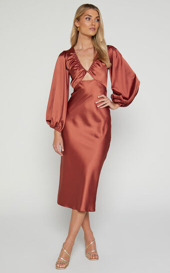 Adaleine Midaxi Dress - Plunge Neck Puff Sleeve Dress in Copper