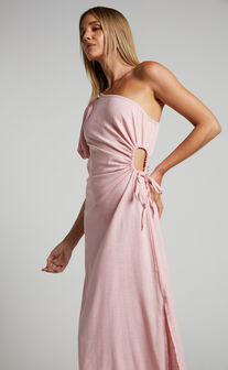 Victoria Midi Dress - One Shoulder Puff Sleeve Cut Out Dress in Pale Pink
