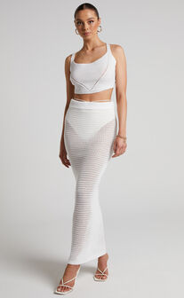 Aveda Two Piece Set - Crochet Lace Up Back Crop Top and Maxi Skirt in White