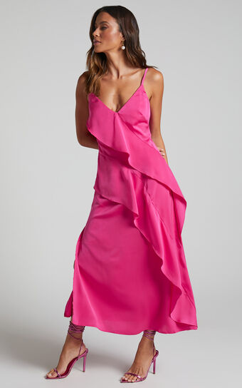 Eileen Midi Dress - V Neck Soft Ruffle Tiered Satin Dress in Hot Pink