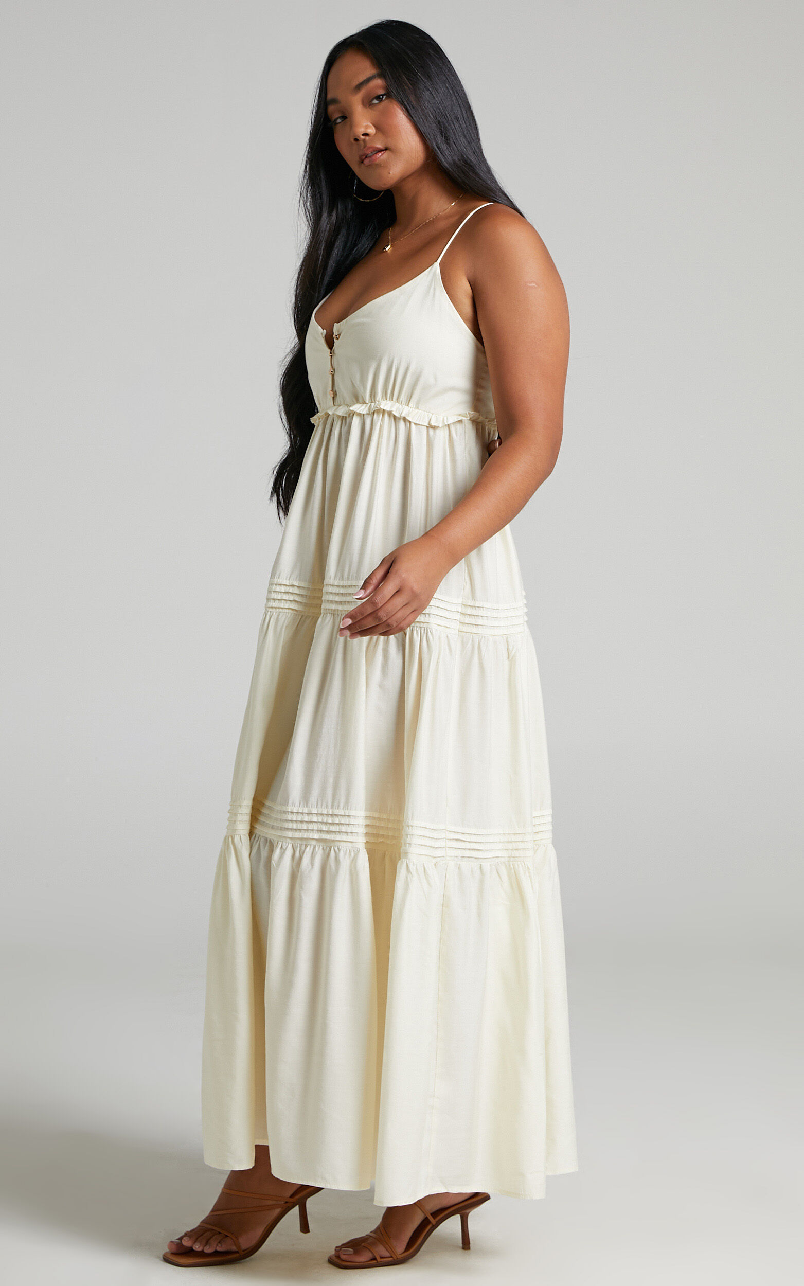 Ermengard Tiered Pin Tuck Cross Back Maxi Dress in Off White - 06, WHT1, super-hi-res image number null