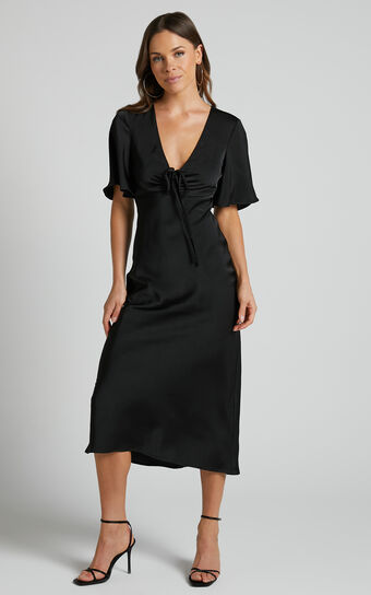 Nicholla Midi Dress - Ruched Front Angel Sleeve Slip Dress in Black