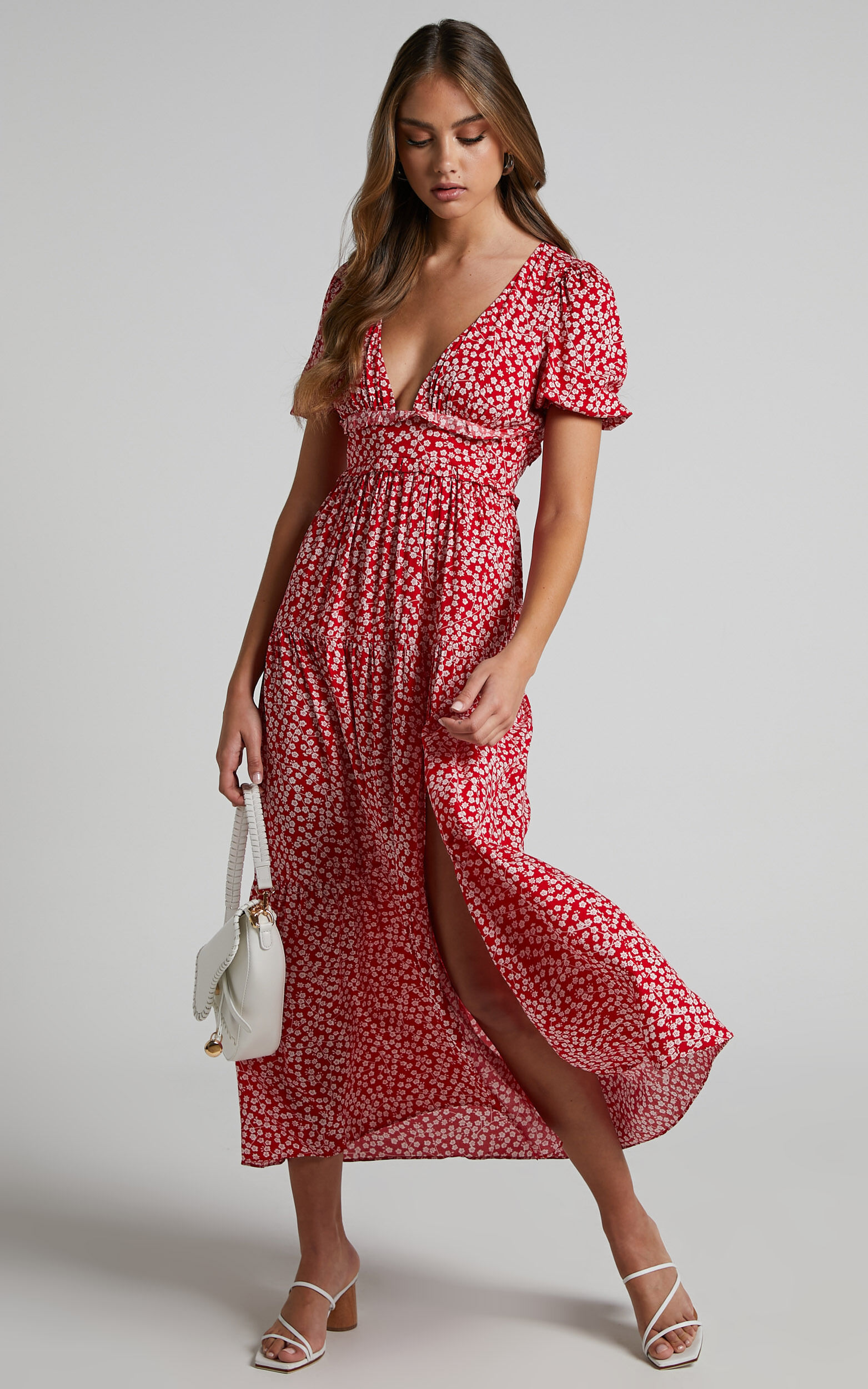 Luisella Puff Sleeve Tiered Maxi Dress in Red Ditsy Floral - 04, RED1, super-hi-res image number null