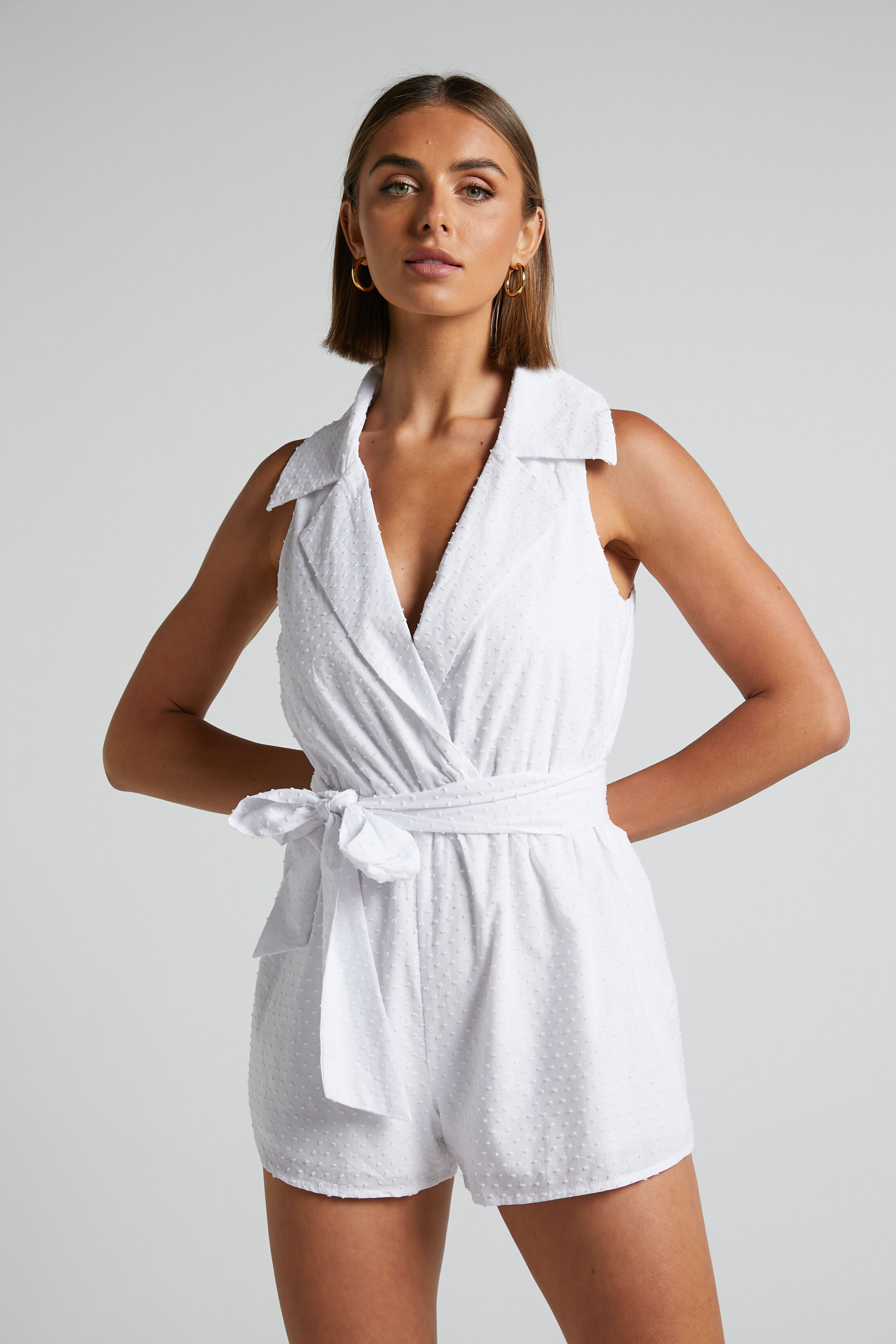 Louvre Sleeveless Tie Waist Collared Playsuit in White - 04, WHT1, super-hi-res image number null
