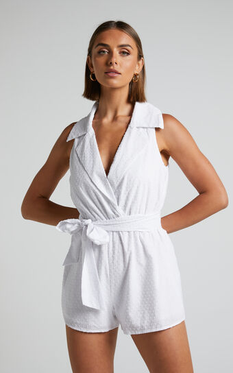 Louvre Sleeveless Tie Waist Collared Playsuit in White