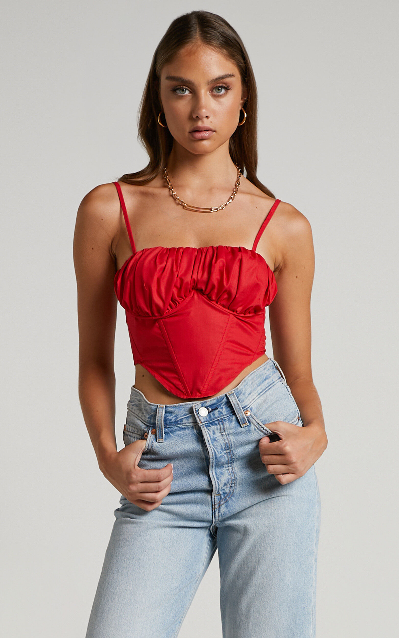 Souza Top - Ruched Bust Curved Hem Corset Top in Red - 06, RED1
